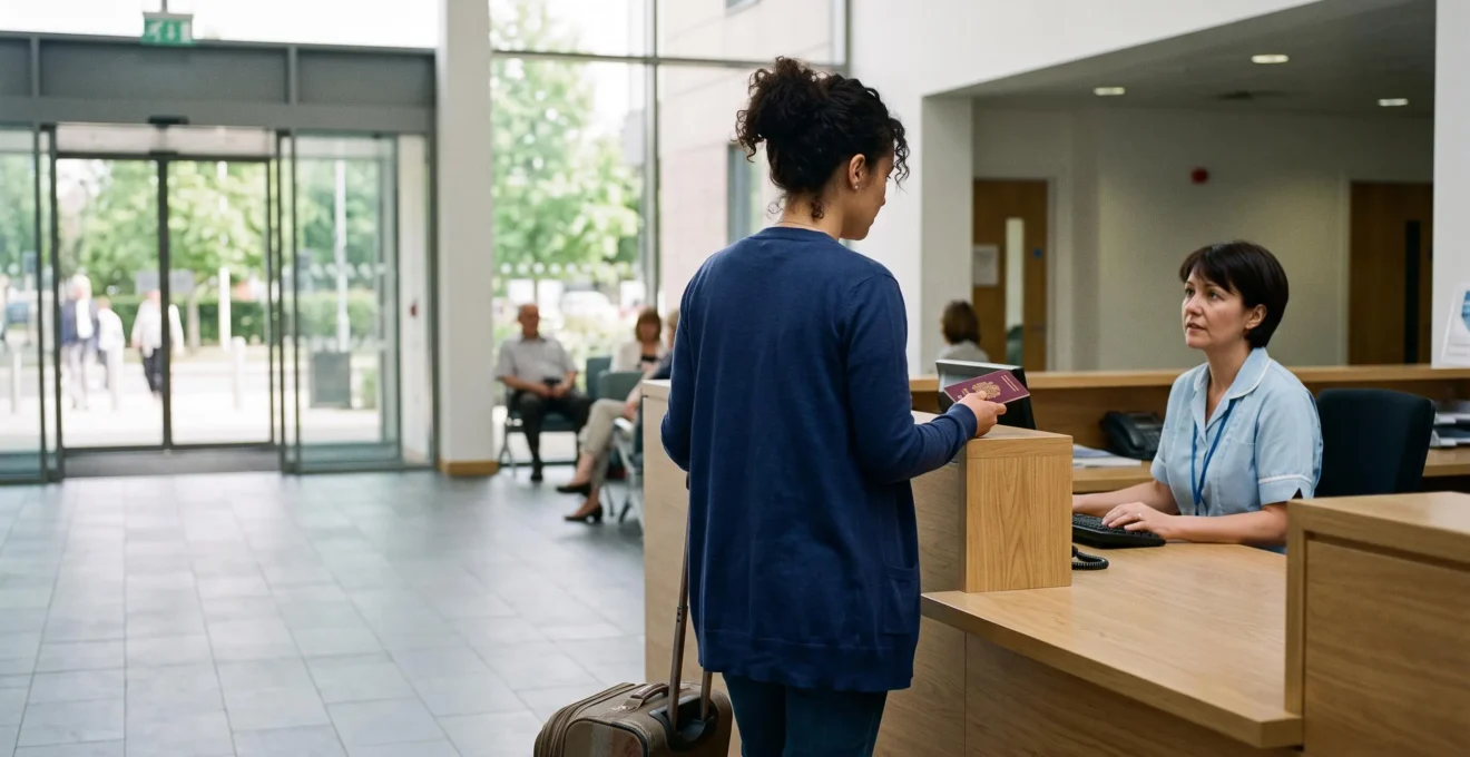 Patient with a suitcase checking in at a clinic reception desk with a staff member.