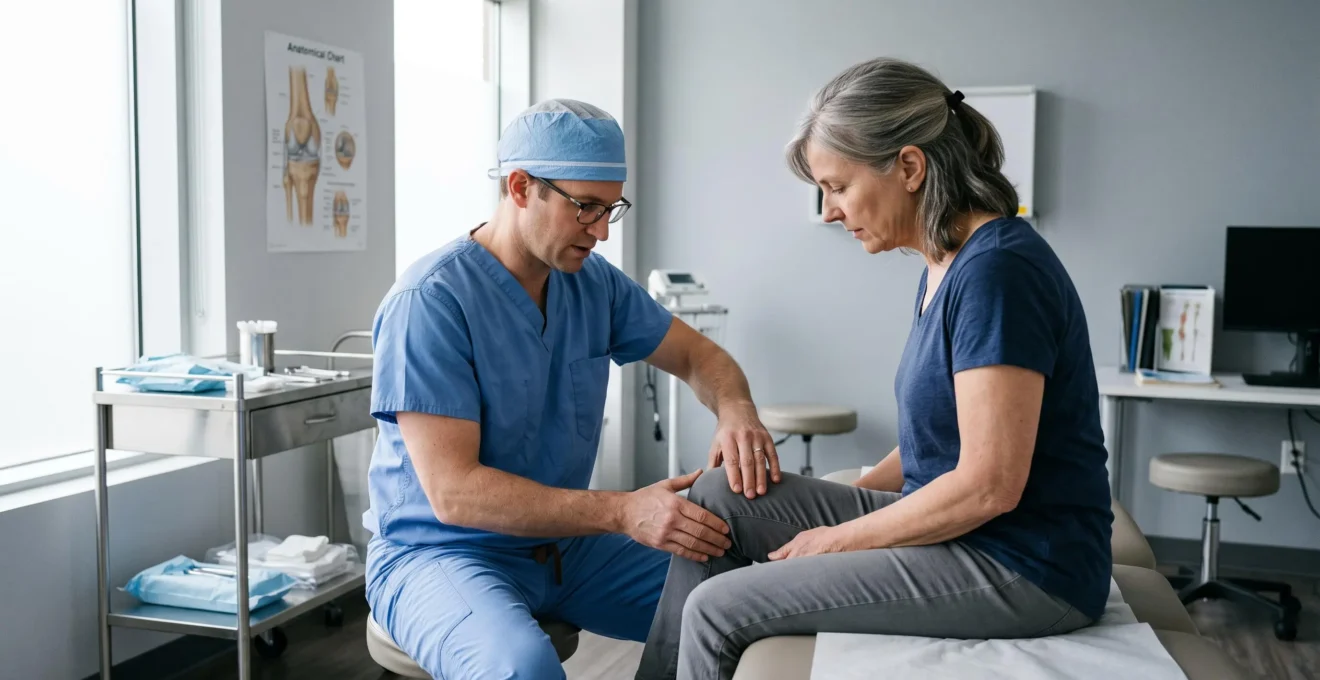 Orthopedic surgeon examining a seated patient's knee in a modern clinic room.