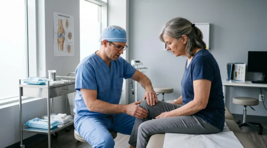 Orthopedic surgeon examining a seated patient's knee in a modern clinic room.